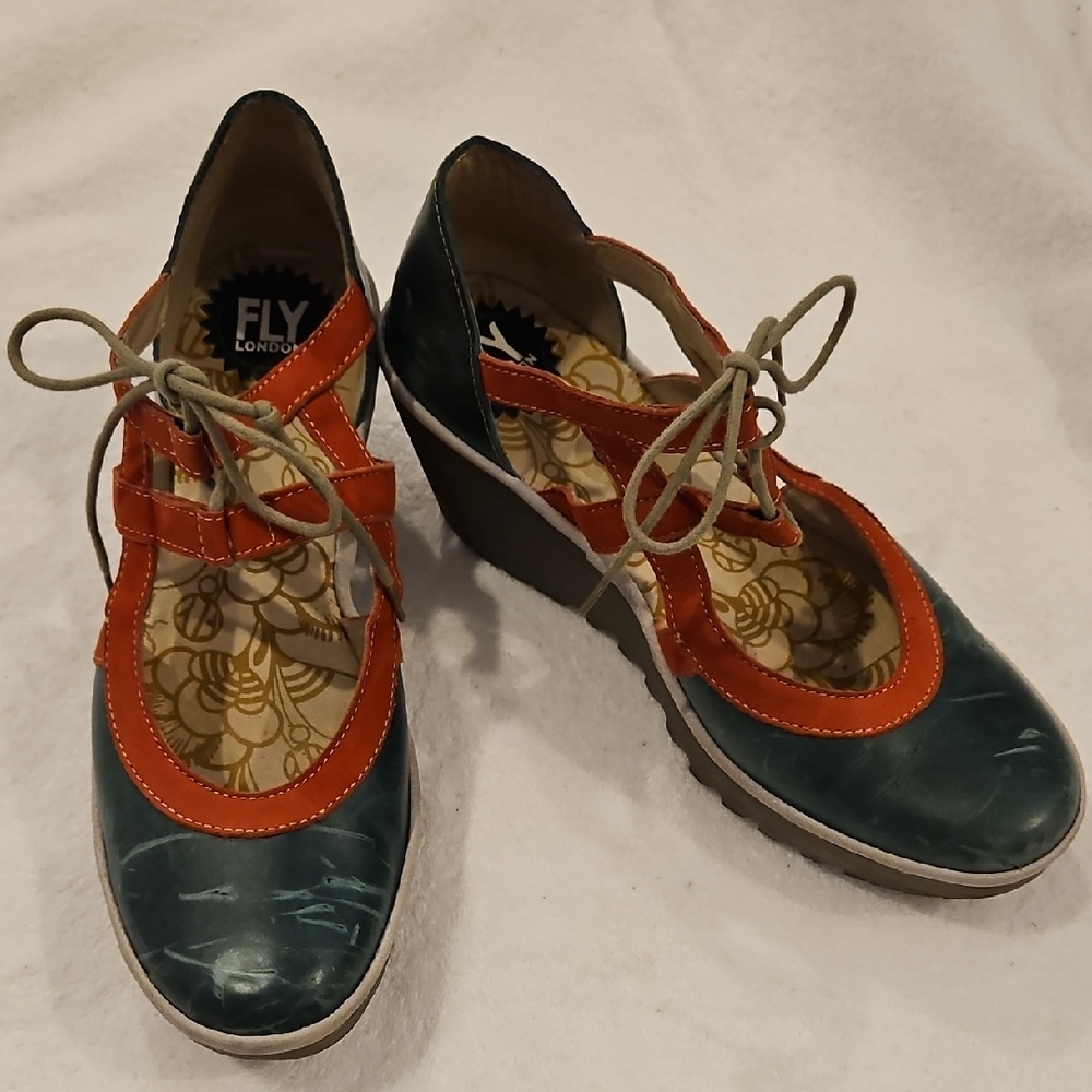 FLY London Women's Teal and Orange Lace-Up Wedge Heels